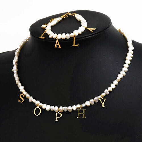 Custom name necklace and bracelet set bulk suppliers personalized pearl name necklace with individual letters wholesale factory websites